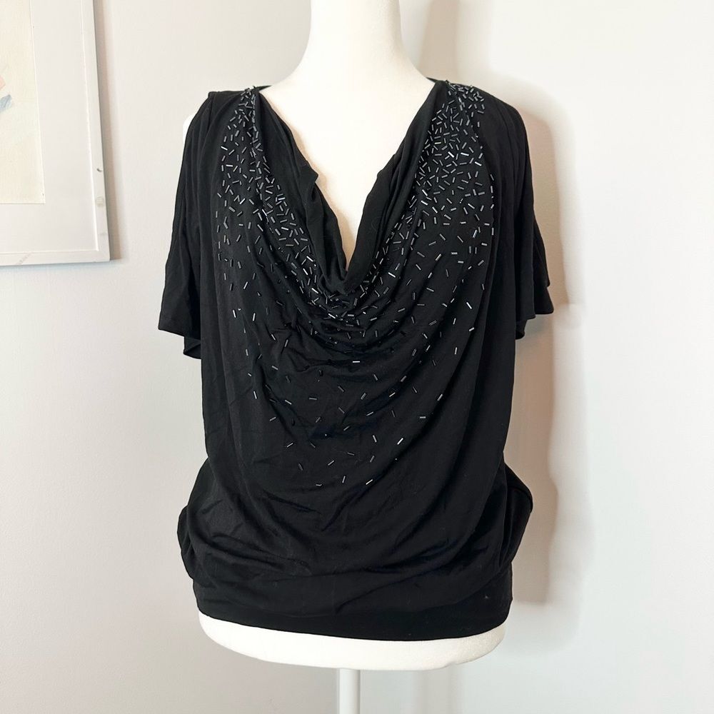 NWT Sugarlips black cold shoulder top with open back and beading on front sz med